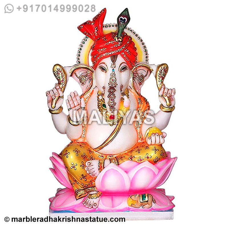 Marble Abhaya Ganesha Statue Wearing Turban