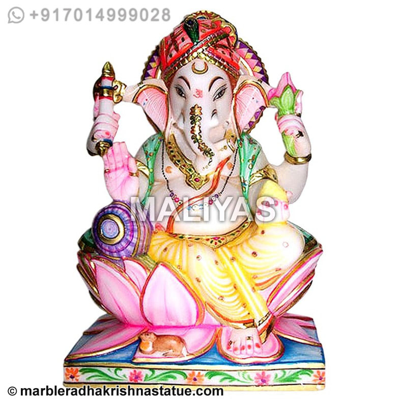Marble Ganesh Statue on Pink Lotus