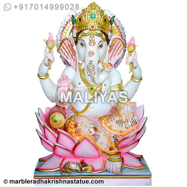 Marble Ganesh Statue Sitting on louts