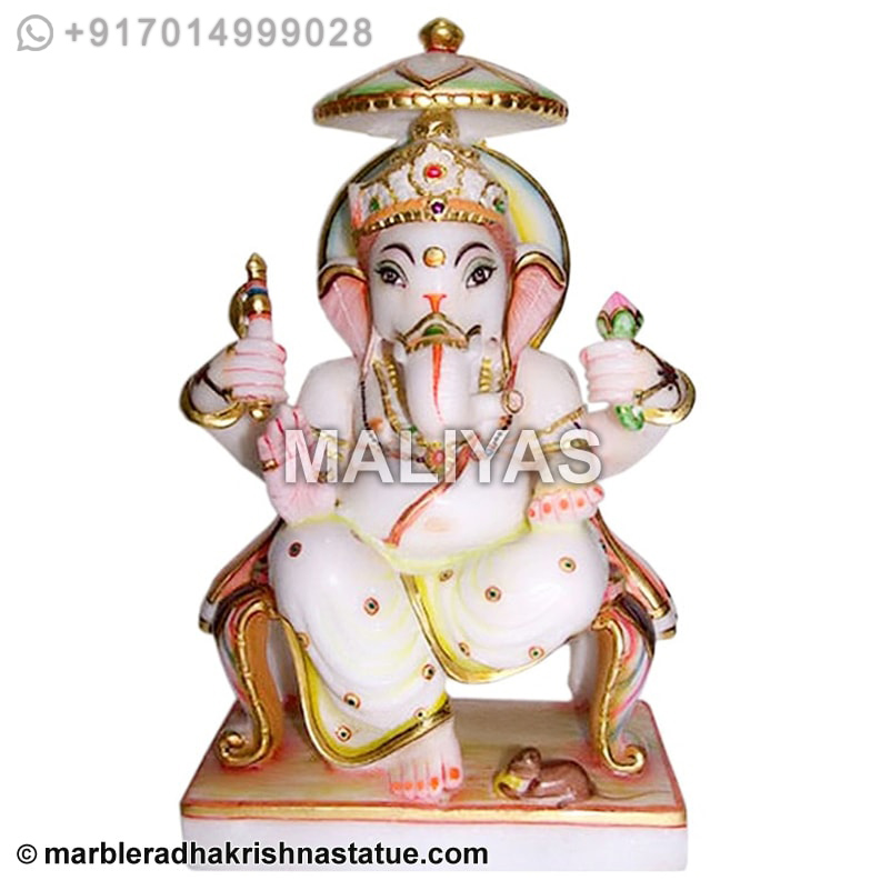 Marble Painted Ganesh Carving Statue