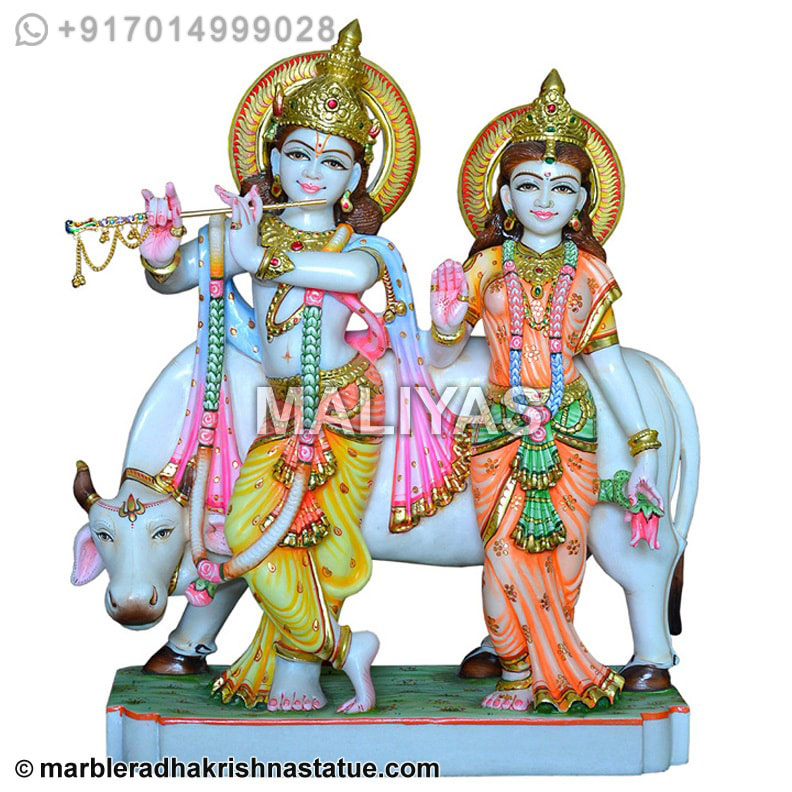 Marble Radha Krishna Statue with cow