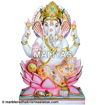 Marble Ganesh Statue Sitting on louts