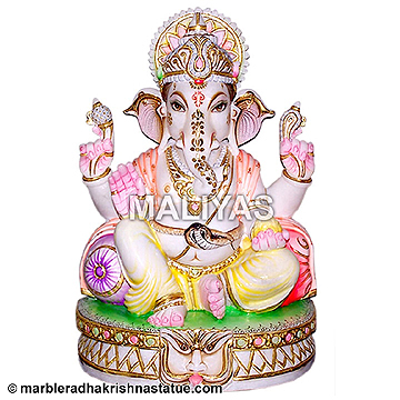 Marble Ganesh Seated On Beautiful Base