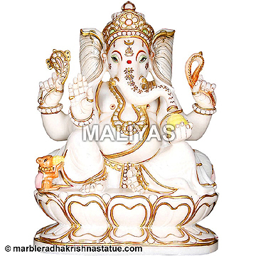 Marble Ganapathi Statue Seated on Lotus