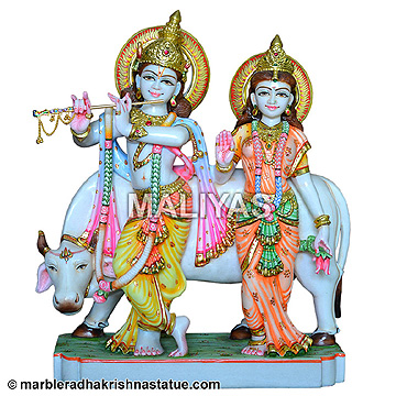 Marble Radha Krishna Statue with cow