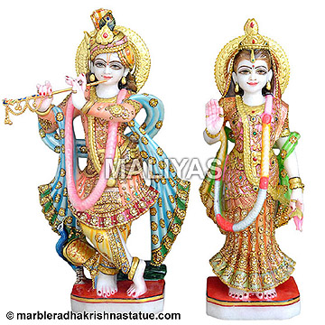 White Marble Radha Krishna Statue with Painting
