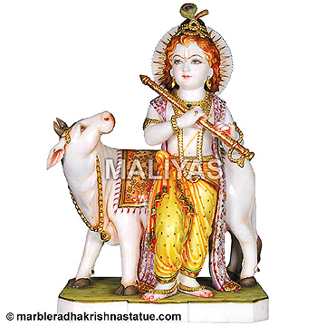 Marble Krishna Statue with Cow