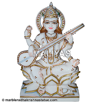 Marble Saraswati Maa Statue On Lotus
